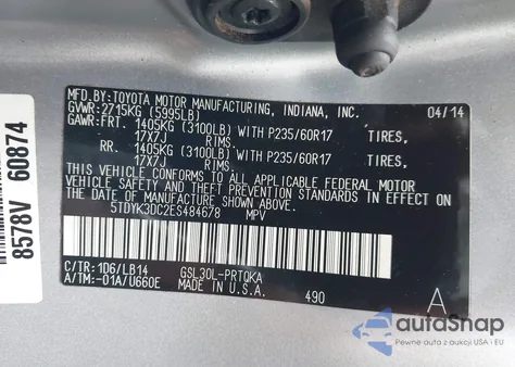 2014 Toyota Sienna Xle V6 8 Passenger from USA, damaged, VIN 5TDYK3DC2ES484678